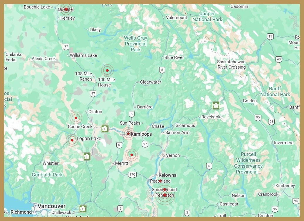 Map of British Columbia showing Good Karma Supply Co.'s reach from Quesnel down to Penticton, Summerland and Peachland, with stops in 100 Mile House, Cache Creek, Logan Lake, Kamloops and Merritt